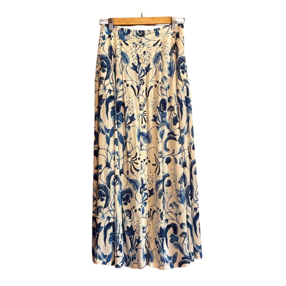 Rose + Olive Resort Blue White Botanical Maxi Skirt XS, vacation, seaside, artsy
